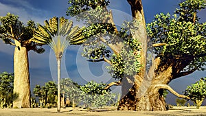 Awesome baobabs in African savannah 3d rendering