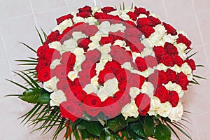 Awesome big bouquet of fresh red and white roses for Valentine`s day, March 8, Birthday etc. Love and romantic