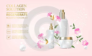 Awesome bouquet of linum flowers and bottle, jar with a regenerate cream for your body. Skin shampoo cosmetics, plastic