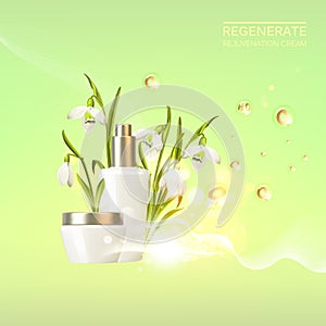 Awesome bouquet of snowdrop galantus and bottle, jar with a regenerate cream for your body. Skin shampoo cosmetics