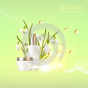 Awesome bouquet of snowdrop galantus and bottle, jar with a regenerate cream for your body. Skin shampoo cosmetics photo