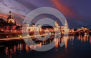 Awesome colorful scene during sunset  at the Old Town in Dresden, Saxony, Germany. Famouse Sights: Frauenkirche, Hofkirche,