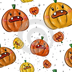 Awesome digital drawn pattern with the cute but angry halloween yellow and orange pumpkings on the white background