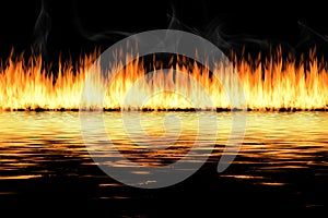 awesome fire flames with water reflection, on a black background