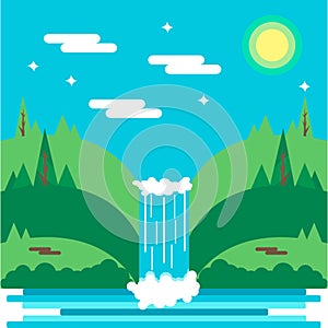 Awesome flat waterfall landscape. Nature. Tourism. Rocks and water. Cartoon vector flat illustration