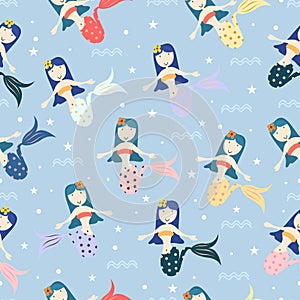 Awesome mermaid seamless pattern with childish drawing style colorful background for summer holiday kids, baby, teenager, and