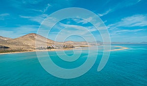 Awesome mid level aspect aerial panoramic view of the beautiful beach, lagoon and sand dunes at Sotavento on Fuerteventura