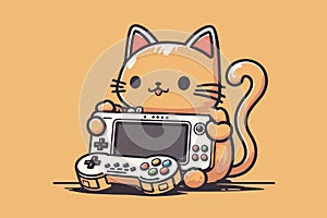 Awesome picture of the cute ginger cat with an arcade machine gameboy kind of console with lights and bright effects.