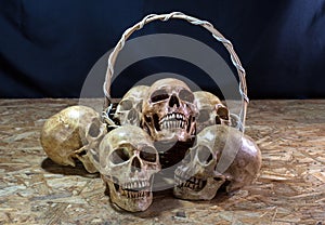 Awesome pile of skull with basket, Still Life