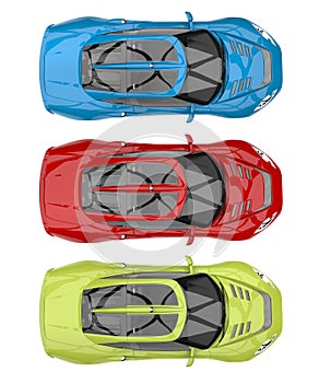 Awesome red, green and blue super sports cars - top view
