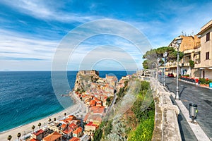 Awesome seaside and town Scilla with old medieval castle on rock Castello Ruffo