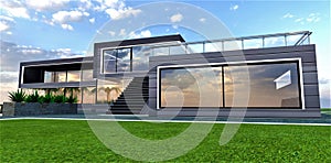 Awesome suburban house with large panoramic windows reflectin amazing sky.Empty green lawn infront of the staircase up to the