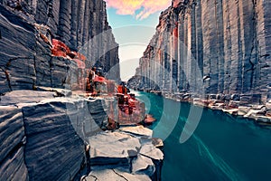 Awesome summer view of Studlagil Canyon. Breathtaking morning landscape of Jokulsa A Bru river. Superb outdoor scene of Iceland, E