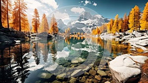 Awesome sunny autumn day at mountain lake surrounded  reflections in the water , Generate AI