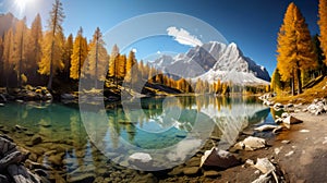 Awesome sunny autumn day at mountain lake surrounded  reflections in the water , Generate AI