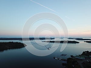 awesome sunset in archipelago by drones poin of view the gulf of Finland