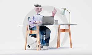 Awesome Travor greets with a hand on camera on laptop. Online communication concept. Highly detailed fashionable stylish