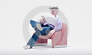 Awesome Travor seating with phone. Connectivity concept. Highly detailed fashionable stylish abstract character. Left