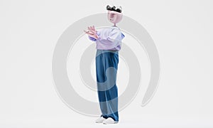 Awesome Travor standing applauding. Highly detailed fashionable stylish abstract character. Left view. 3d rendering.