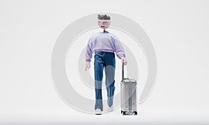 Awesome Travor walking with a suitcase. Travel concept. Highly detailed fashionable stylish abstract character. 3d