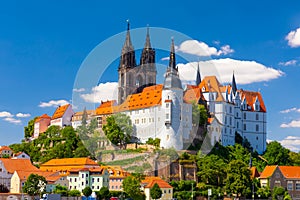 Awesome view on Albrechtsburg castle and cathedral on the river Elbe. Meissen, Saxony, Germany