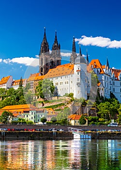 Awesome view on Albrechtsburg castle and cathedral on the river Elbe. Meissen, Saxony, Germany