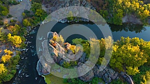 Awesome view from a drone over the rapids of a fast Southern Bug river