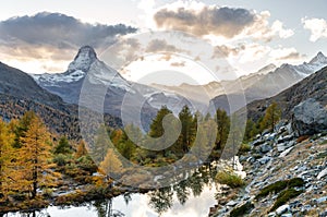 Awesome view of Matterhorn spire. Location place Grindjisee lake, Cervino peak, Swiss alp, Switzerland, Europe. Image of