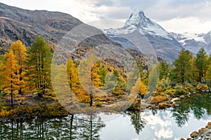 Awesome view of Matterhorn spire. Location place Grindjisee lake, Cervino peak, Swiss alp, Switzerland, Europe. Image of