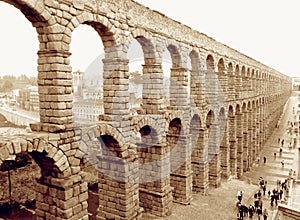 Awesome View of Roman Aqueduct of Segovia, Spain in Sepia Tone