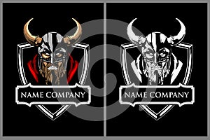 Awesome Viking warrior head with shield Badge logo vector template