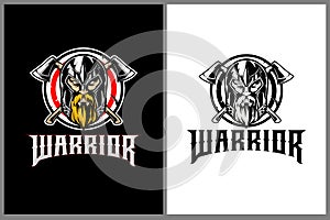 Awesome warrior head with cross axe and helmet vector for axe throwing logo template