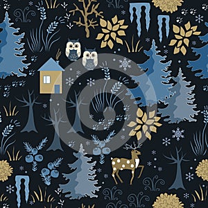 Awesome winter seamless pattern with house in night forest. Stylish back, brown and blue holiday background. Winter