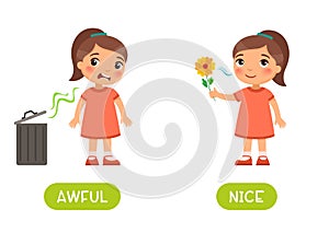 Awful and nice antonyms word card vector template.