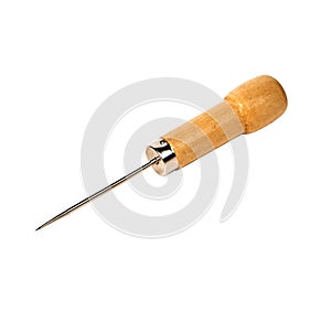 Awl with wooden handle isolated on white background.