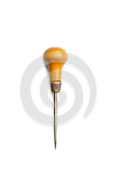 Awl with wooden handle on a white background with copy space