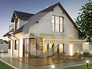 Awning and family house, 3D illustration