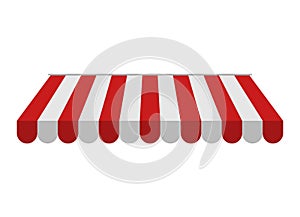 Awning isolated on white background. Striped red and white sunshade for shops, photo