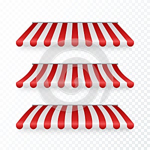 Awning set with shadows. Marketplace striped roof. Vector illustration