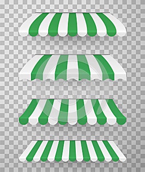 Awnings different design realistic set with white  green stripes. Overhangs  coverings photo