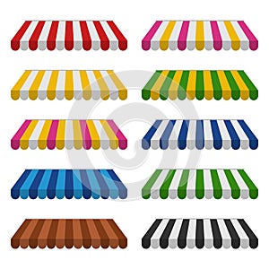 Awnings set isolated on white background. Striped colorful sunshade for shops