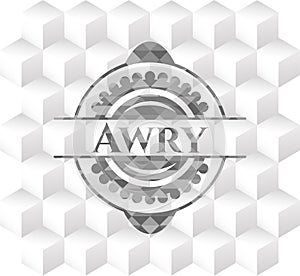 Awry grey badge with geometric cube white background