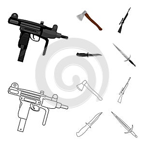 Ax, automatic, sniper rifle, combat knife. Weapons set collection icons in cartoon,outline style vector symbol stock