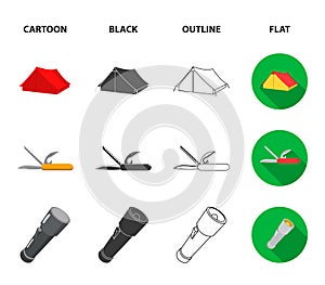 Ax, first-aid kit, tourist tent, folding knife. Camping set collection icons in cartoon,black,outline,flat style vector