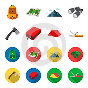 Ax, first-aid kit, tourist tent, folding knife. Camping set collection icons in cartoon,flat style vector symbol stock