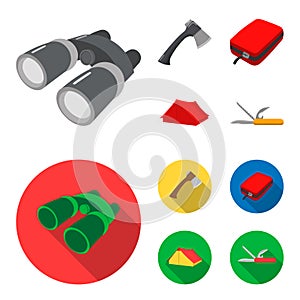 Ax, first-aid kit, tourist tent, folding knife. Camping set collection icons in cartoon,flat style vector symbol stock