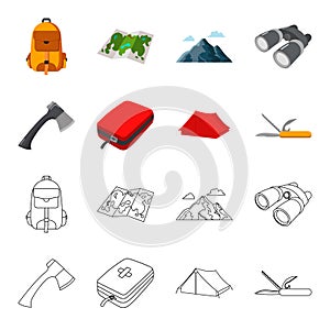 Ax, first-aid kit, tourist tent, folding knife. Camping set collection icons in cartoon,outline style vector symbol