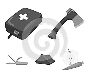 Ax, first-aid kit, tourist tent, folding knife. Camping set collection icons in monochrome style vector symbol stock