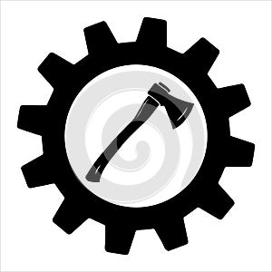 Ax in gear icon stock illustration simple design. Silhouette of an ax