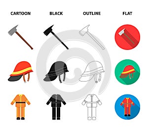 Ax, helmet, uniform, burning building. Fire departmentset set collection icons in cartoon,black,outline,flat style